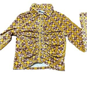 NEW Velvet Psychedelic Shirt L Crop Button Down Ruched Gold Abstract Rave Punk